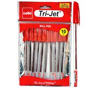 Cello Tri-Jet Red Ballpoint Pens Extra Grip Medium Point Biros (1.0 mm) - Red Pens, Pack Of 10,