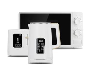 Cello White Uni Bundle: 1.7L 3000W Kettle with Temperature Control & LED Display | 800W Slice Toaster with Digital Timer & High Lift | 800W 20L Digital Microwave, 8 Cooking Functions & Quick Defrost