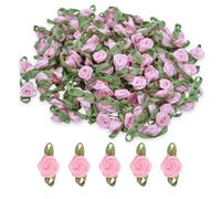 celloexpress 15mm Baby Pink #18 Satin Ribbon Roses with Green Leaves - Small Flower Buds - Crafts, Embellishments (Pack of 50)