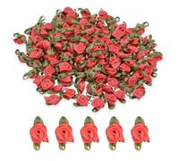 celloexpress 15mm Coral #19 Satin Ribbon Roses with Green Leaves - Small Flower Buds - Crafts, Embellishments (Pack of 50)
