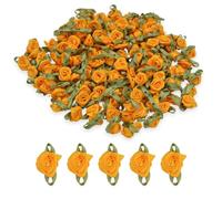 celloexpress 15mm Marigold #15 Satin Ribbon Roses with Green Leaves - Small Flower Buds - Crafts, Embellishments (Pack of 5)