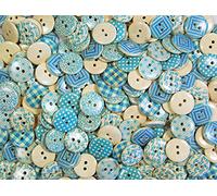 celloexpress Round Wooden Buttons - Multi Patterned Prints - Decorative Buttons (Blue 25mm, Pack of 50)