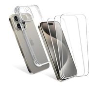 CELLONIC Apple iPhone 15 Pro Max, 1 x protective case transparent TPU and 3 x screen protector glass 6.7 2.5D Case-friendly 9H 0.33mm Full Glue, screen protector Tempered Glass