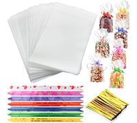Cellophane bag 150 pcs Sweet bags 25 * 15cm Gift Clear Plastic Bags With assorted pull bows Twist Ties Treat Bags Party Empty for Cookies Sweets Biscuit Candy Floss Gift bag