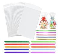 Cellophane Bags,100pcs (6 x 10 Inches) Cellophane Bags with 100pcs Colorful Pull Bows & 100pc Colorful Ties,Flat Bottom Sweets Clear Bags for Present Packaging of Christmas, Halloween, Birthday.