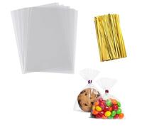 Cellophane Bags for Gifts Clear Plastic Bakery OPP Flat Bottom for Sweet Bread Cake with Gold Ribbons Twist Ties Birthday Favors 20.32×30.48cm/8×12inch 100 pieces