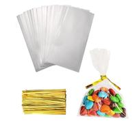 Cellophane Bags for Party Favors Clear Plastic Gift OPP Flat Bottom for Candy with Twist Ties Gold Ribbons Birthday Wrapping 20.32×30.48cm/8×12inch 100 pieces