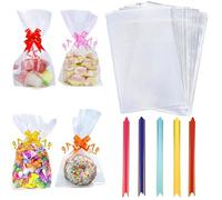 Cellophane Bags Pack of 100-15.5 x 25cm(6 x 10 Inches) Food Safe Cookie Bags Small Plastic Gift Wrap for Cookies, Candy, Party Favors, Popcorn Includes 100 Mix Colors Pull Bows
