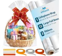 Cellophane Wrap Roll (30M x 40cm) 3.5Mil Thick with 3 Ribbons & 15 Pull Bows -Food Grade, Snowflakes Patterned Clear Cellophane Wrap for Hampers, Halloween & Christmas Wrapping Paper, Flowers & Treats