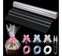 Cellophane Wrap Roll, PYGHAP 40CM x 30M Clear Cellophane Wrap Roll with 30 Pull Bows, 3 Ribbons, Scissors for Hampers, Christmas, Easter, Birthday Gift, Valentine's Day Flowers, Treats & Crafts Wrap