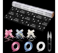 Cellophane Wrap Roll, PYGHAP Clear Cellophane Wrap for Hampers with Pull Bows, Ribbons & Scissor, for Christmas, Easter, Birthday Gift, Valentine's Day Flowers, 40CM x 30M (Merry Christmas Wrap Roll)