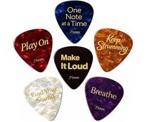 Celluloid Guitar Picks Medium .71mm - 6 Plectrums 6 Moods with Inspirational Messages "Keep Strumming" "Play On" "Breathe" - Acoustic Electric Guitar Accessories Gifts Set