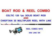 CELTIC 120 SOLID BOAT ROD+CHIEFTAIN 30 MULTIPLIER REEL+LINE KAYAK SEA FISHING