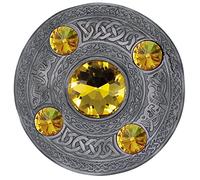 Celtic Brooch - Scottish Kilt Pin, Antique Silver 5 Stone Sparkling Green Fly Plaid Brooches 4" (10cm) Pin for Men & Women, Shawl, Scarf & Tartan Kilt Accessory (Yellow - Silver Antique)