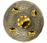 Celtic Brooch - Scottish Kilt Pin, Antique Silver 5 Stone Sparkling Green Fly Plaid Brooches 4" (10cm) Pin for Men & Women, Shawl, Scarf & Tartan Kilt Accessory (Yellow - Brass Antique)