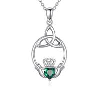 Celtic Claddagh Necklace 925 Sterling Silver Celtic Heart Claddagh Pendant Necklace with Emerald Birthstone Irish Jewelry Gifts for Women