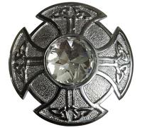 Celtic Cross Brooch - Scottish Kilt and Shawl Pin Intricate Knotwork and Gemstone, 3 Inches, Ideal for Ladies and Gents’ Highland Attire, Cloak, Scarf, or Shawl Fastener (White - Silver Finish)