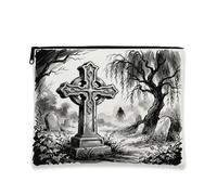 Celtic Cross Canvas with Zipper, Gothic Vintage Gravestone Tree Halloween Black Canvas with Zipper Small Skincare Bag for Travel, Bathroom, Vanity, Purse Storage and Gifts, Black, 7x9 Inch, Gothic