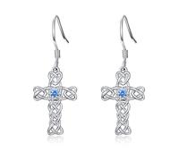 Celtic Cross Drop Earrings 925 Sterling Silver Blue Birthstone Celtic Knot Twist Dangle Earring Vintage Irish Infinity Love Jewelry Gift for Women