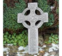 Celtic Cross Hanging Stone Wall Plaque | Reconstituted Stone Garden Ornament | Intricate Knotwork Detail | Frost-Proof Weatherproof Outdoor Décor | Antique Finish | 30cm H x 15cm W