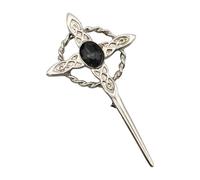 Celtic Cross Knotwork and Twisted Design Kilt Pin Brooch with Black Stone, English Handmade Pewter, in a Personalised Box