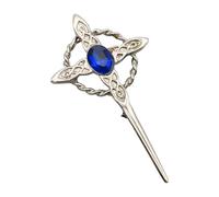 Celtic Cross Knotwork and Twisted Design Kilt Pin Brooch with Blue Stone, English Handmade Pewter, in a Personalised Box