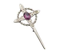 Celtic Cross Knotwork and Twisted Design Kilt Pin Brooch with Purple Stone, English Handmade Pewter, in a Personalised Box