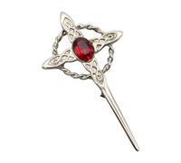 Celtic Cross Knotwork and Twisted Design Kilt Pin Brooch with Ruby Red Stone, English Handmade Pewter, in a Personalised Box