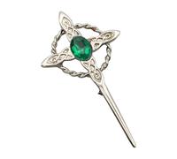 Celtic Cross Knotwork and Twisted Kilt Pin Brooch with Emerald Green Stone, English Handmade Pewter, in a Personalised Box