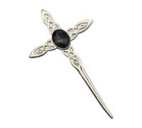 Celtic Cross Knotwork Design Kilt Pin Brooch with Black Stone, English Handmade Pewter, 71 x 11mm, Gift Box Included