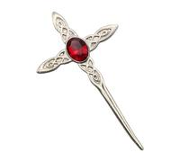 Celtic Cross Knotwork Design Kilt Pin Brooch with Ruby Red Stone, English Handmade Pewter, 71 x 11mm, in a Personalised Box