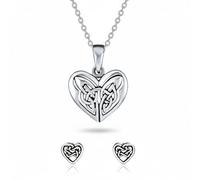 Celtic Friendship & Love Infinity Knot Pendant Necklace & Tiny Heart Stud Earrings Jewelry Set Oxidized .925 Sterling Silver