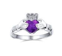 Celtic Irish Friendship Promise AAA CZ Simulated Purple Amethyst Hands & Heart Claddagh Ring For Women Teens .925 Sterling Silver