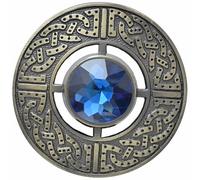 Celtic Kilt Brooch - Scottish Fly Plaid Brooches featuring Celtic Knot Design with Sparkling Gemstones, Handcrafted Tartan Sash Pin, Highland Dress Accessory (Blue Stone - Antique Brass)