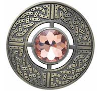 Celtic Kilt Brooch - Scottish Fly Plaid Brooches featuring Celtic Knot Design with Sparkling Gemstones, Handcrafted Tartan Sash Pin, Highland Dress Accessory (Peach Stone - Antique Brass)