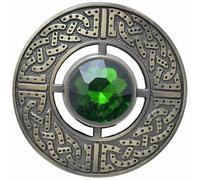 Celtic Kilt Brooch - Scottish Fly Plaid Brooches featuring Celtic Knot Design with Sparkling Gemstones, Handcrafted Tartan Sash Pin, Highland Dress Accessory (Green Stone - Antique Brass)