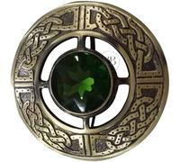 Celtic Kilt Fly Plaid Brooch, Green Stone, Antique Finish, Highland Scottish Traditional Design