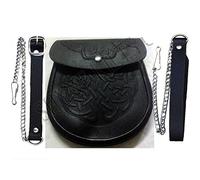 Celtic Knot Embossed Black Leather Medieval Scottish Kilt Sporran Pouch & Belt