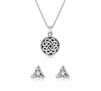 Celtic Knot Irish Friendship Round Circle Medallion Pendant Necklace & Infinity Trinity Symbol Stud Earrings Jewelry Set For Women Men Oxidized .925 Sterling Silver