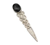 Celtic Knot Kilt Pin Brooch, Black Glass Stone, English Handmade Pewter, 90 x 50mm,Includes Gift Box