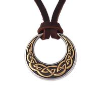 Celtic Knot Moon Necklace for Men Women - Viking Celtic Triquetra Knot Round Pendant Necklace - Nordic Vintage Stainless Steel Irish Knot Pagan Amulet Jewelry Gift ( Color : Leather Rope Gold , Size :