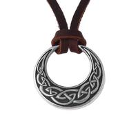 Celtic Knot Moon Necklace for Men Women - Viking Celtic Triquetra Knot Round Pendant Necklace - Nordic Vintage Stainless Steel Irish Knot Pagan Amulet Jewelry Gift ( Color : Leather Rope Silver , Size