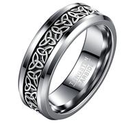 Celtic Knot Ring for Men - Tungsten Band with 925 Sterling Silver Triquetra Inlay, 8mm, Beveled Edge- Ethnic Aesthetic Jewellery Size Q