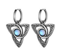 Celtic Knot Triangle Vintage Dangle Drop Earrings, Moonstone Good Luck Irish Trinity Stainless Steel Hoop Earrings, 1.5 Inches, Stainless Steel, Moonstone