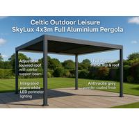 Celtic Leisure Skylux 4M X 3M Square Led Aluminium Pergola With 3 Privacy Pull Down Screens Led Lights Anthracite Grey
