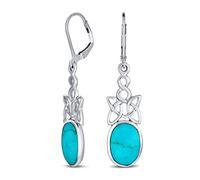 Celtic Love Knot Work Bezel Set Oval Blue Turquoise Lever Back Dangle Earrings Western Style For Women Teens .925 Sterling Silver