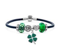 Celtic Lucky Clover Green Shamrock Irish Knot Claddagh Bead Starter Multi Charm Bracelet Genuine Black Leather For Women Teens .925 Sterling Silver European Barrel Snap Clasp 7.5 Inch