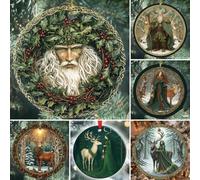 Celtic Pagan Winter Solstice Ornaments, Pagan Yule Solstice Decor Set, Yule Mythic Holly & Celtic Knot Hanging Ornament with Green Man, Stag Designs, Vintage Enchanted Forest Tree Decor (6pcs)