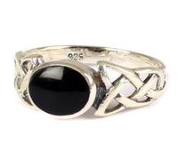 Celtic Silver Onyx Black Stone set Ring with trinity Knot design on the Shoulders