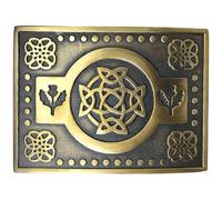 Celtic Thistle Kilt Belt Buckle - Traditional Scottish Thistle Design, Highland Men’s Accessory, Crafted Pewter for Classic Kilt Attire (Trinity Buckle - Brass Antique)